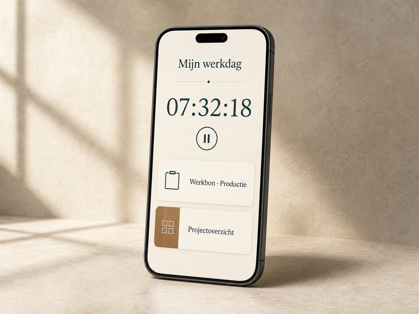 Projectvisualisatie van urenregistratie op een telefoon, met timer, werkbon en projectoverzicht.