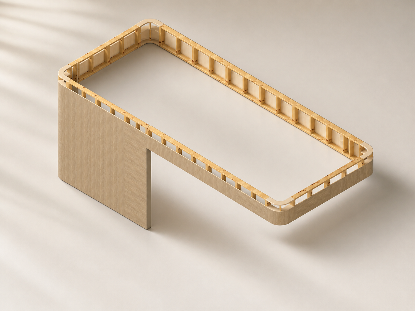 Modelvisualisatie van afgeronde HPL-wanden, een open raveelconstructie en zichtbaar houten raamwerk